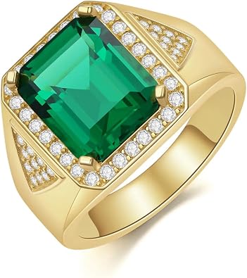 10K 14K 18K Solid Real Gold Ring 2CT Emerald Gemstone Ring Cubic Zirconia Halo Engagement Ring Handmade Band Ring for Men Anniversary Fathers Day US 4-16