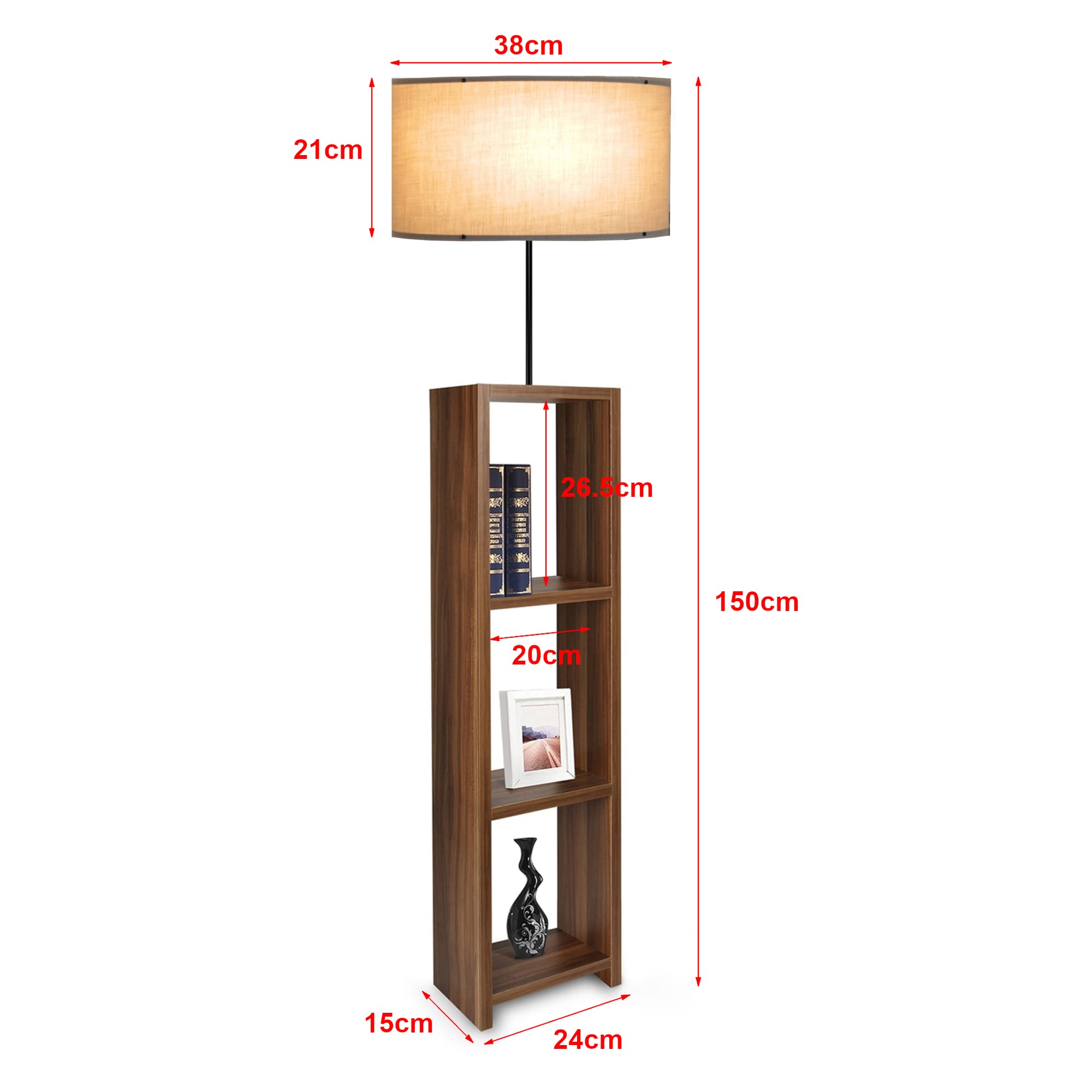 lux.pro Lampada da Terra - Altezza 150 cm - Piantana con Paralume Cilindrico in Tessuto Beige e Base a Scaffale Portaoggetti in MDF effetto Legno