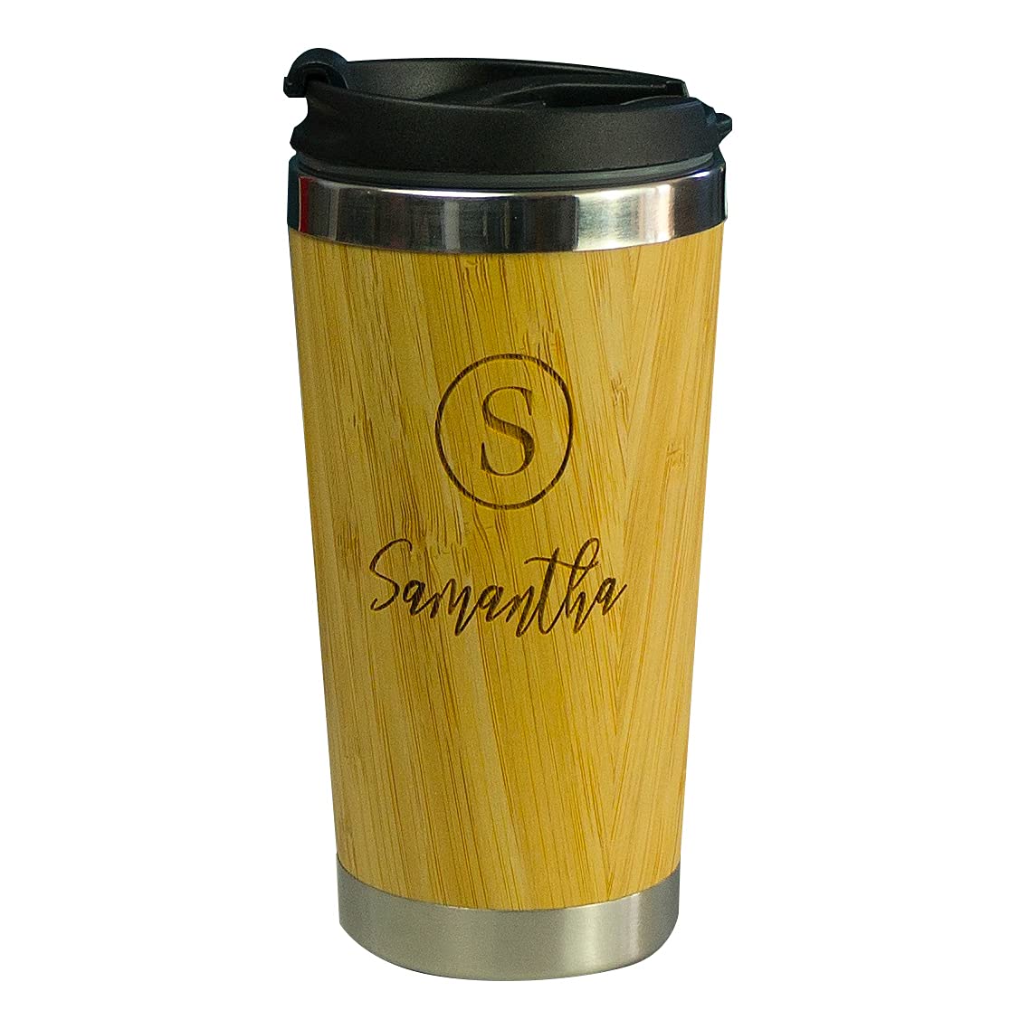 Vacuum insulated travel coffee mug. Bamboo and stainless steel reuable personalised coffee cup. Double wall eco friendly travel flask