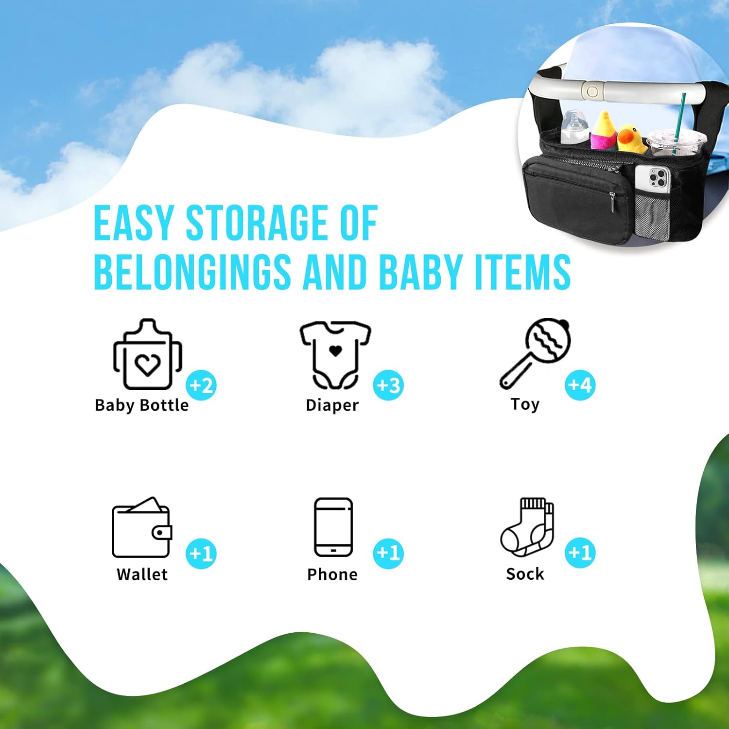Baby Stroller Organizer with 2 Insulated Cup Holder Detachable Zippered Pocket & Adjustable Shoulder Strap, Universal Stroller Accessories Fits For All Baby Strollers : Baby