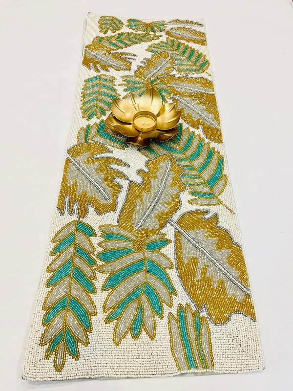 Image of Beautiful Beaded Table Runner Craftsmanship |Pack of 1 Measure 13 * 36 Inches| Thanksgiving - Occasional Decoration, Sunflower Gold Colour