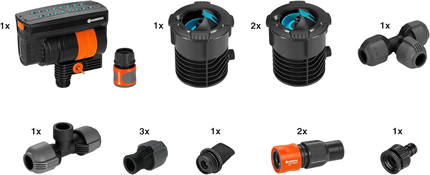 Gardena Sprinkler System Starter Set Pipeline with Four-Point Irrigation: Complete Set for Entry into The Pipeline System, Water Collection Around The House and Garden, Underground Installation