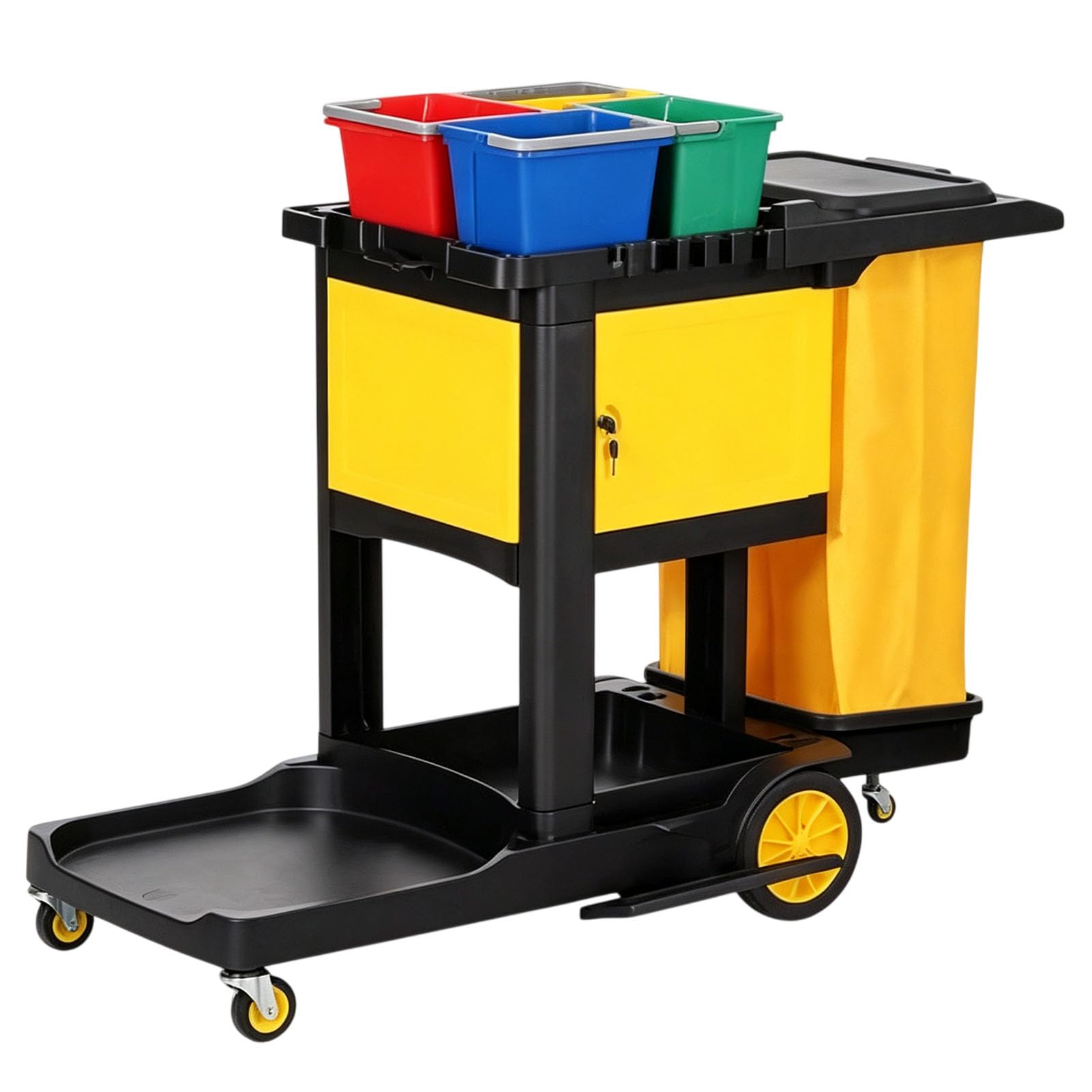 Carrello per Servizio di Pulizie Commerciale con Sistema strizzatore | Secchi di smistamento colorati, scomparti di stoccaggio chiusi a chiave e sacco per rifiuti laterale per la pulizia