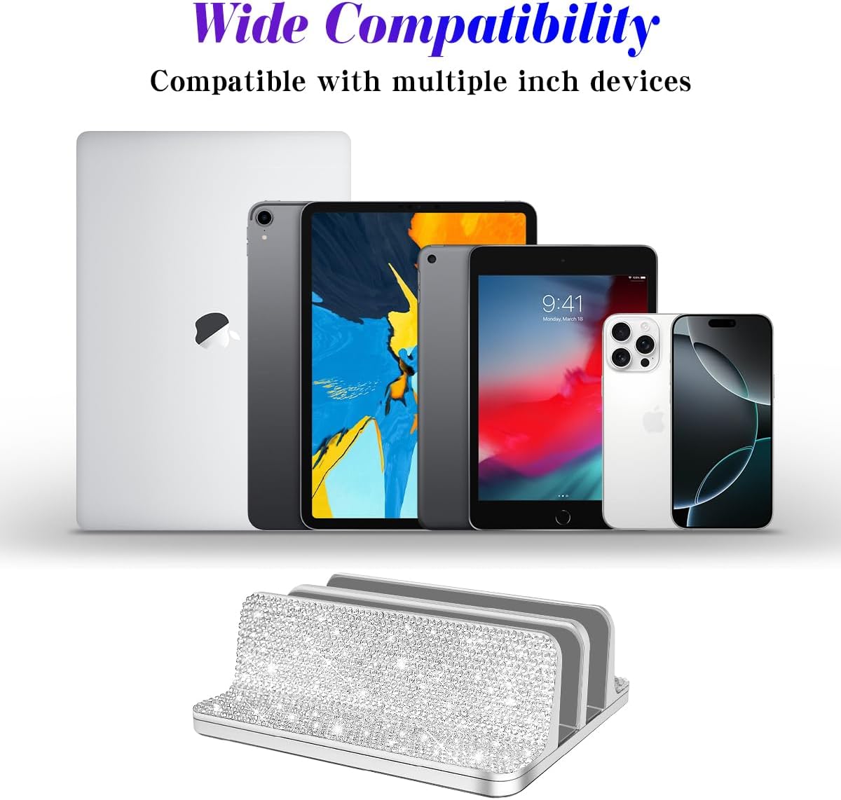 Bling Vertical Laptop Stand, Double Desktop Stand Holder with Adjustable Dock (Up to 17.3 inch),Compatible with All MacBook/Surface/Samsung/HP/Dell/Chrome Book (Silver Glitter Rhinestones)