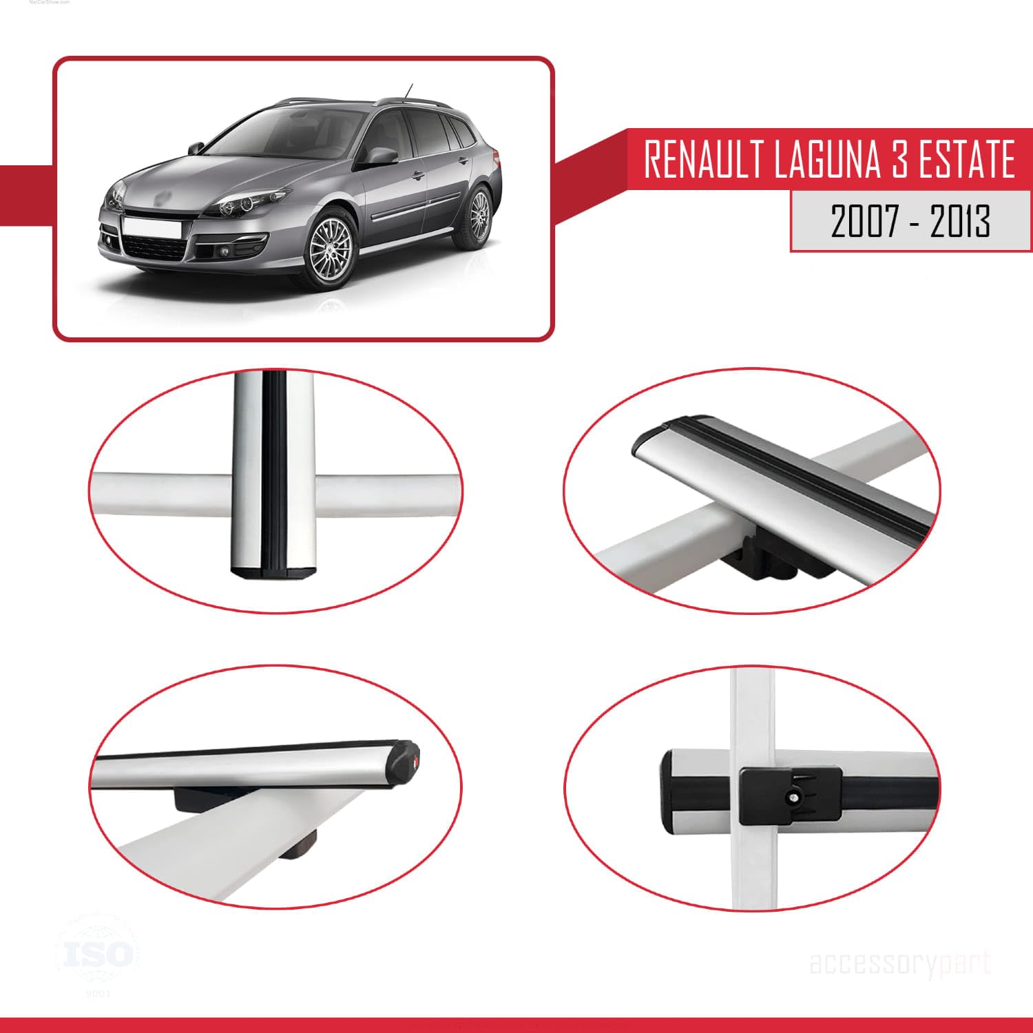 Pasuje do Renault Laguna 3 Estate 2007-2013 BASIC Model relingi dachowe do samochodów, szary, aluminium, 2 pręty