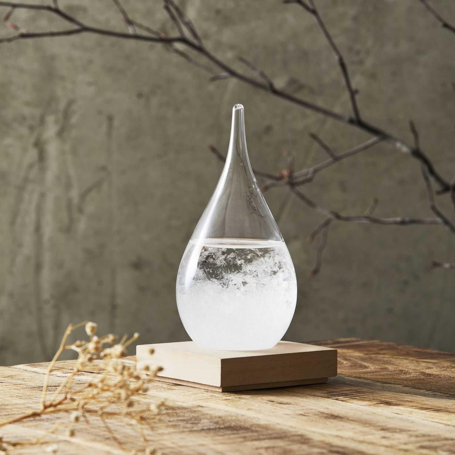 HOME DECO FACTORY, HD0384, Tempest Glass H17 cm - Elegancki i funkcjonalny przedmiot dekoracyjny, oryginalny barometr z kryształkami, drewniana podstawa
