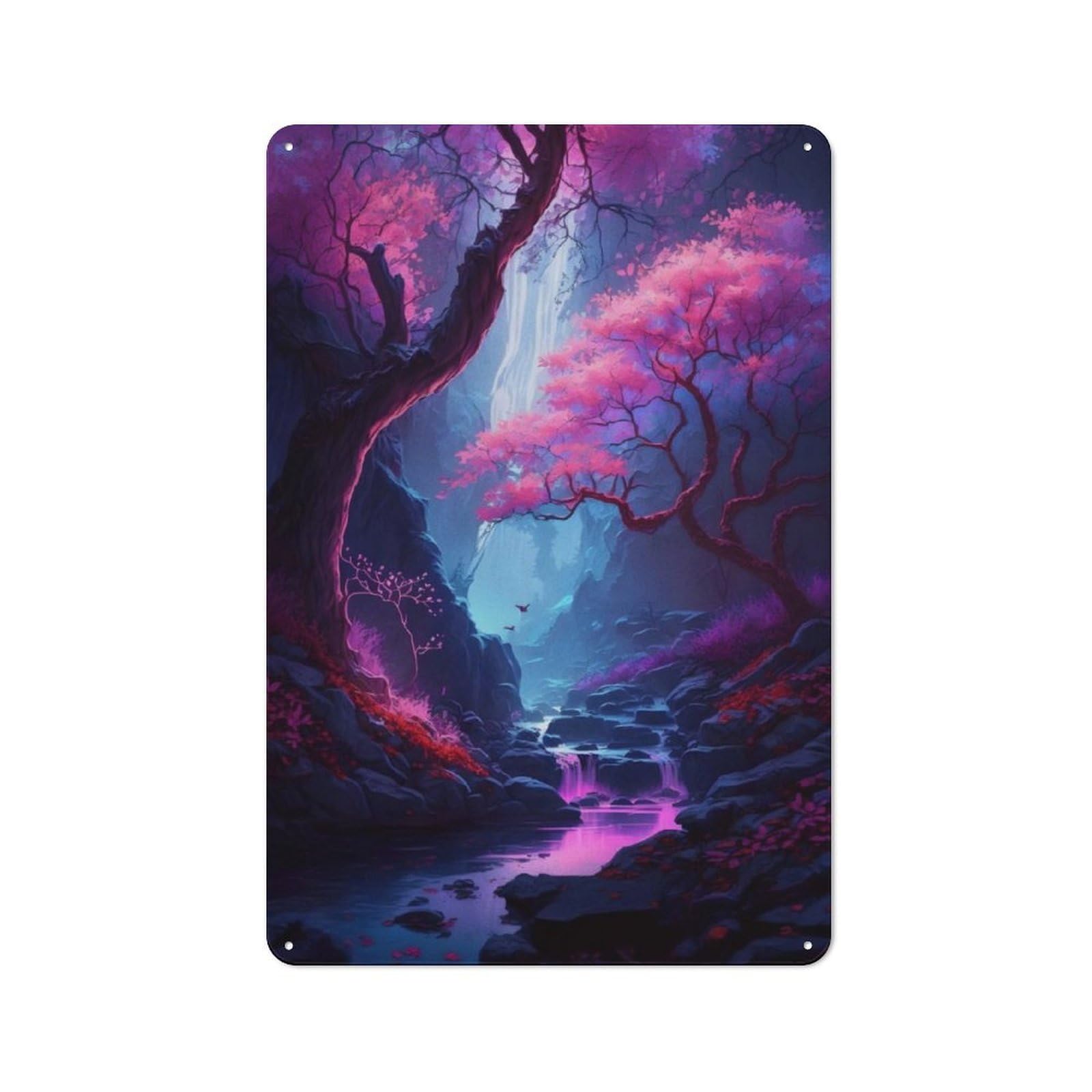 Junmoney Pink Cherry Blossom Cave Metal Wall Decor Sign, Easy To Hang Plaque For Study, Gallery Wall Or Travel Inspired Room, 30X20cm