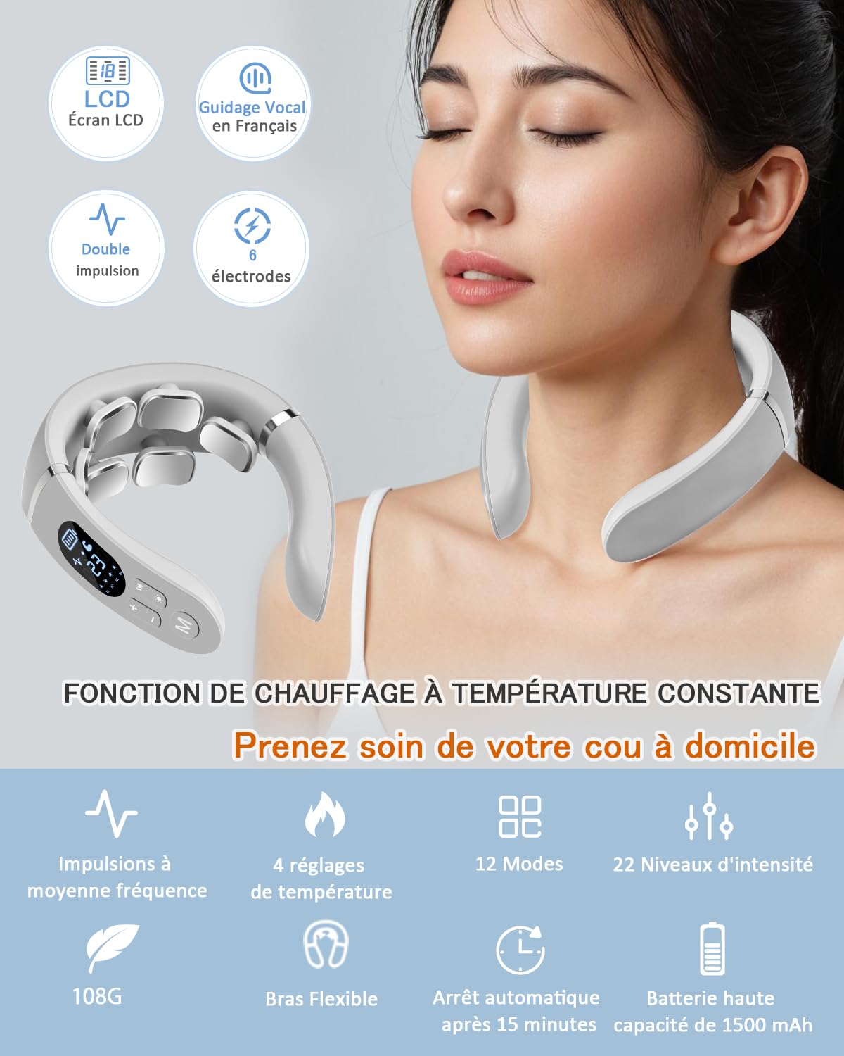 Masseur Cervical, Masseur électrique Portable à 6 têtes avec Thérapie Thermique à 42°C, 12 Modes 22 Niveaux, Fonction Vocale Intelligente, écran LCD, Convient à la Maison et au Bureau