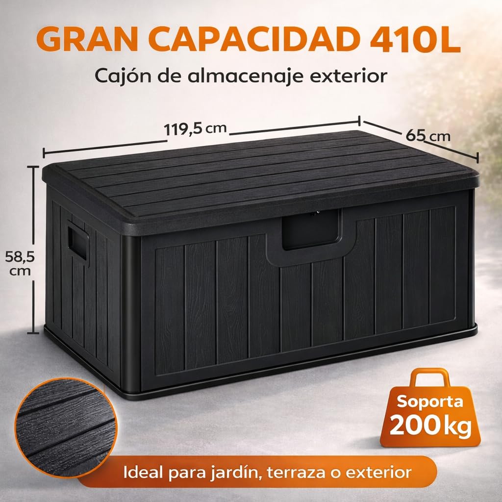 Baúl exterior almacenaje de resina impermeable multiusos 410L | Arcón de jardín resistente a la intemperie | Almacenamiento de cojines, herramientas o juguetes | Cofre organizador con tapa y asas — view 3