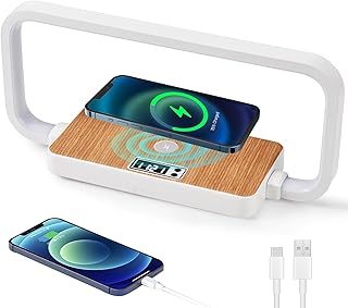 Touch Control LED Table Lamp Dimmable for Bedroom,Bedside Lamp Wireless Charging,White Wood Desk Light for Home Decor,Wooden Nightstand Lamp Modern Desk Lamp,3 Color Modes for Bedroom,Office