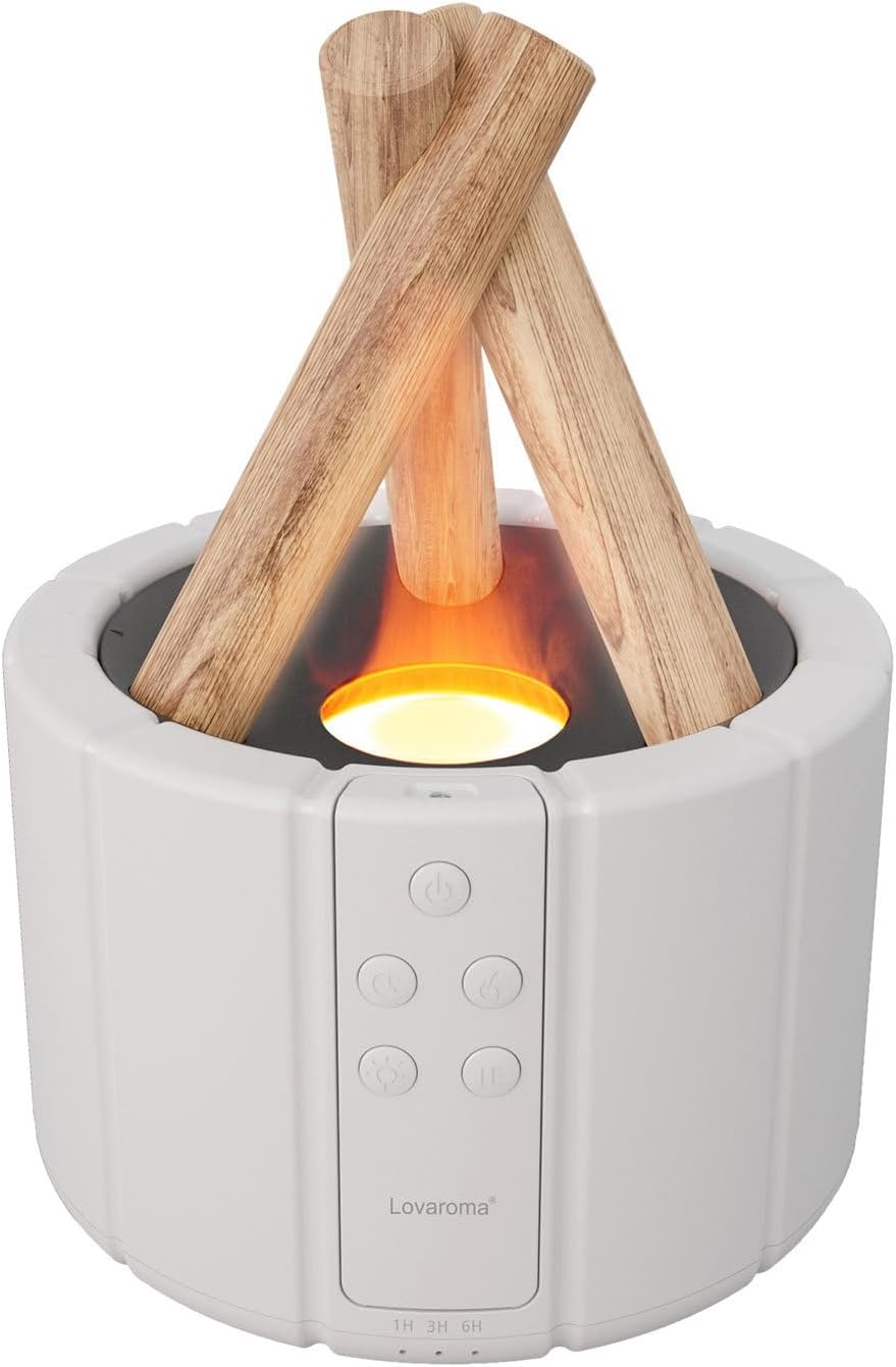 Flame Humidifier – Bonfire Aroma Diffuser | Ultrasonic Mist Humidifier | LED Flame Effect Air Moisturiser for Bedroom Home Office, Quiet Aromatherapy Machine White Black