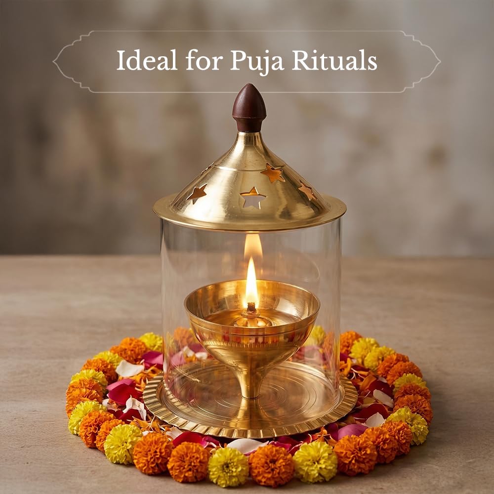 Shubhkart Nitya Udipi Diya Borosilicate Glass | Brass Table Diya | Oil Lamp with Glass Cover Lantern Diya for Puja, Home Decor and Diwali (5.5 Inch Height) - 143 GMS