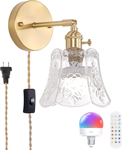 Miniatura 11 de Juego de 2 apliques de pared vintage con pantalla de vidrio a rayas ámbar, apliques de latón ajustables de 180 grados, con cable de iluminación,