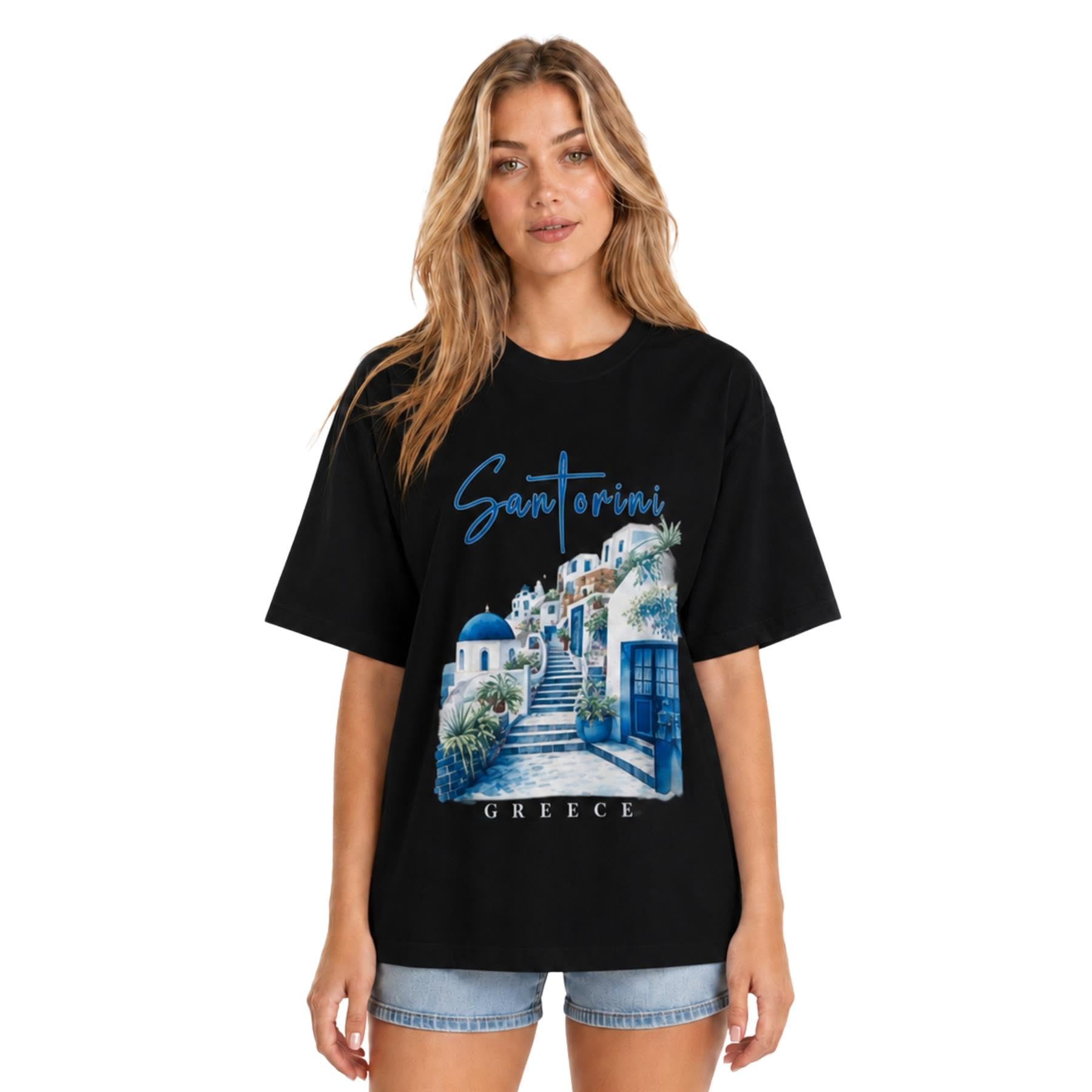 janisramone® Santorini & La Bella T-shirt ample imprimé graphique pour femme