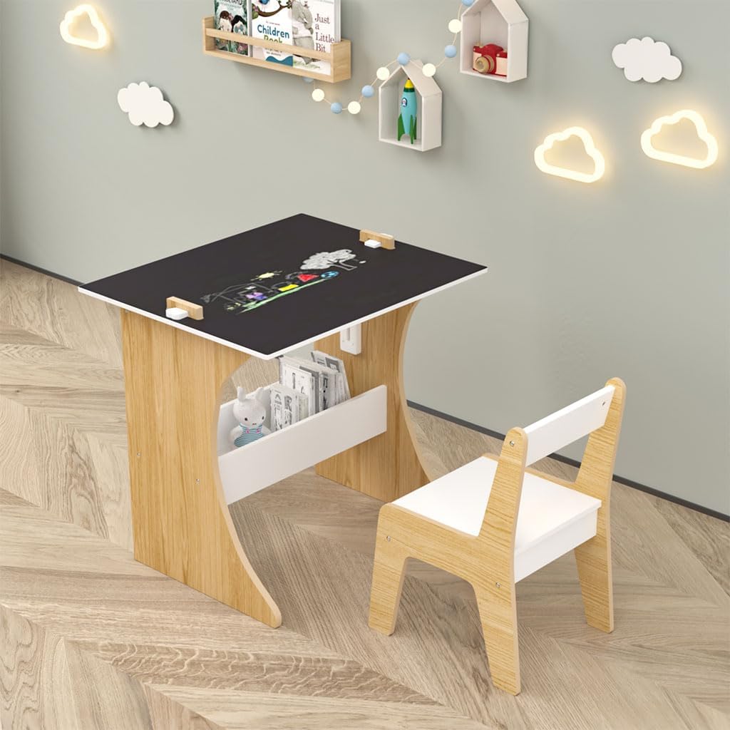 Kids Table and Chair Set, Multifunctional Wooden Activity Table with Convertible Tabletop and Blackboard and Whiteboard for Toddlers Arts Crafts Drawing Reading Playing, Playroom Nursery