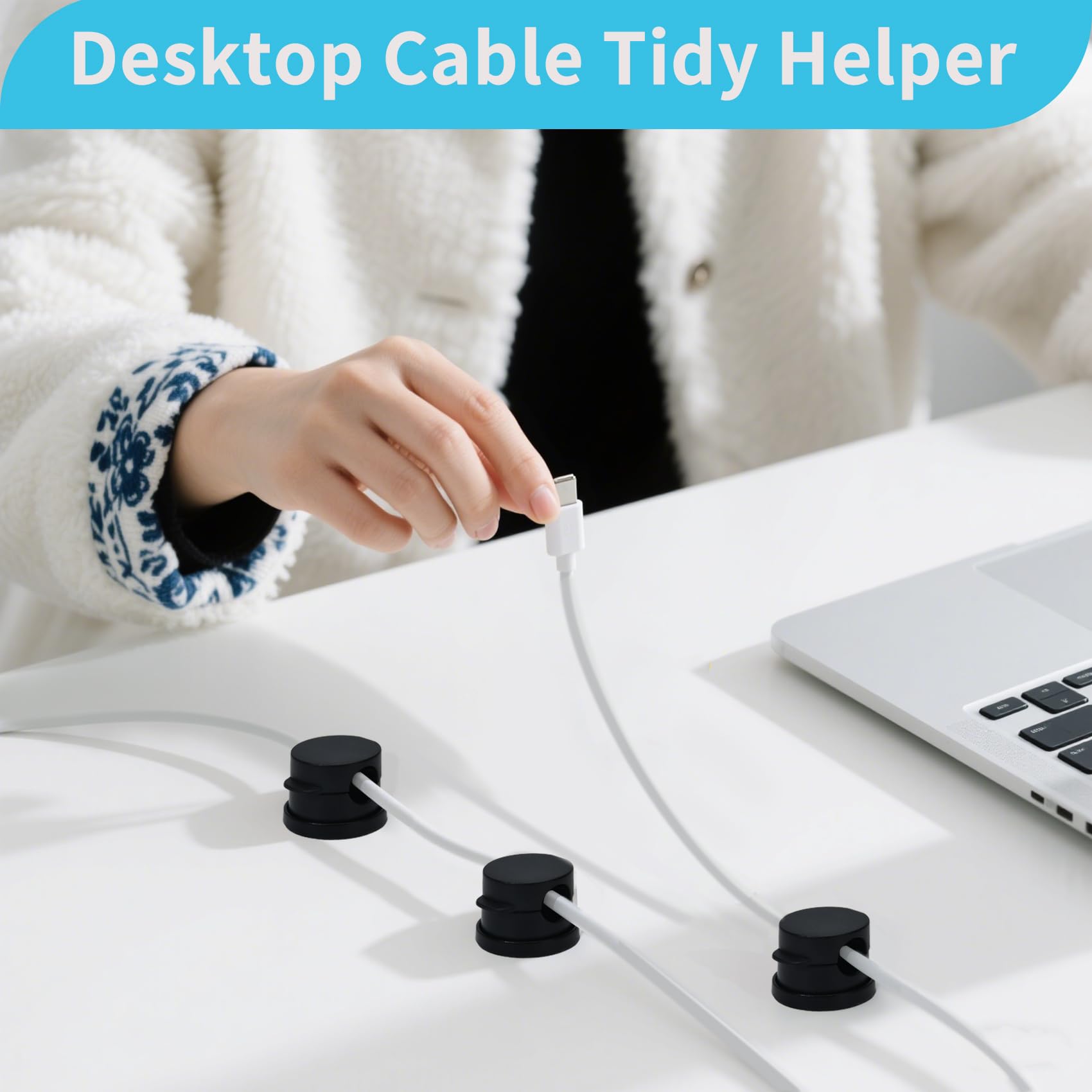 Clip Organizer Per Cavi, 8 Pezzi, Girevoli 360°, Adesive Senza Residui, Per Cavi USB, HDMI, Caricabatterie, Diametro 2,5-7,5 Mm, Nero