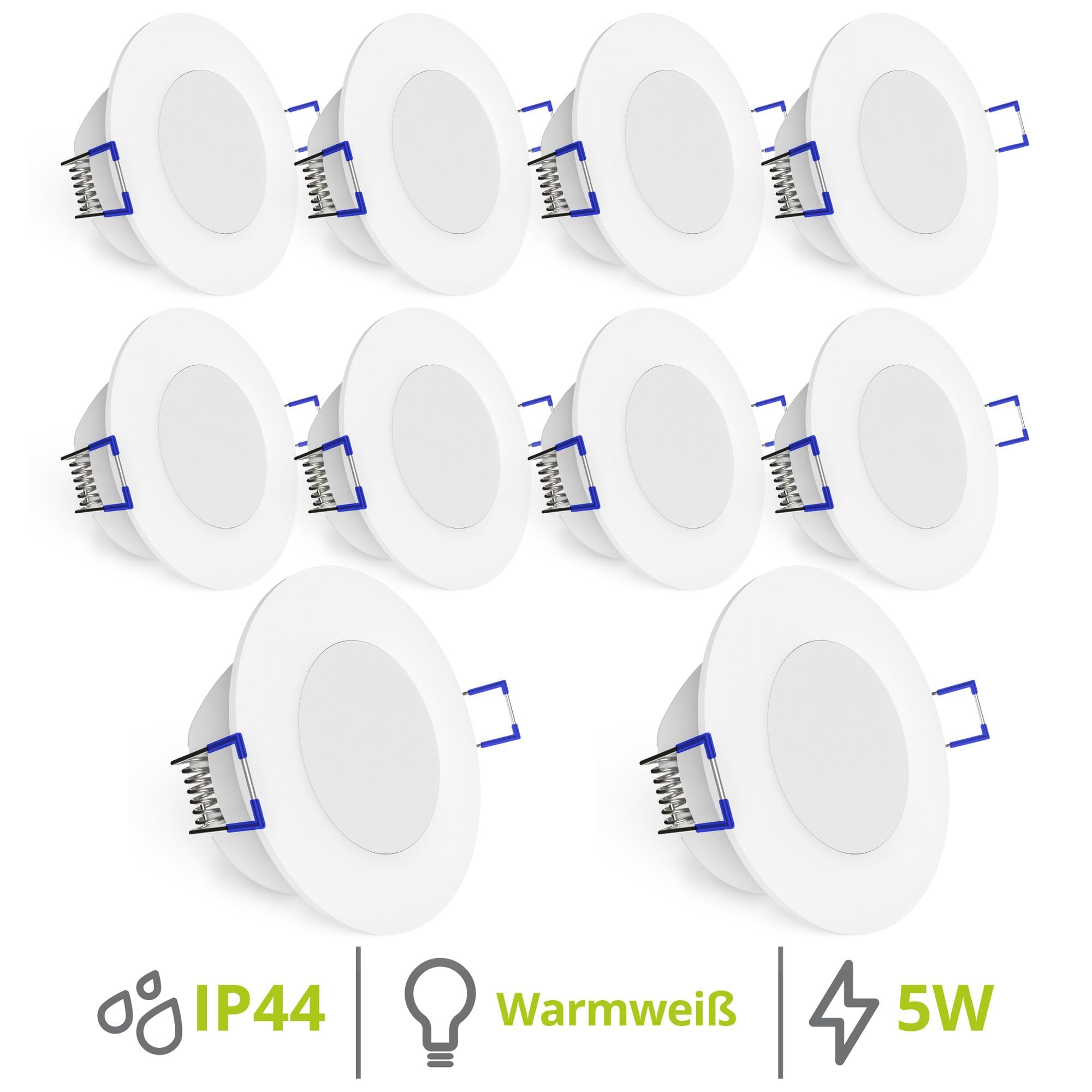 linovum WEEVO Einbauspot 10er silber rund IP44 5W warmweiß flach 29mm | Zehn extra flache Einbauspots silber, nur 29mm tief - warmweiß mit milchiger Front, IP44 für Bad, Küche & Möbel, an 230V