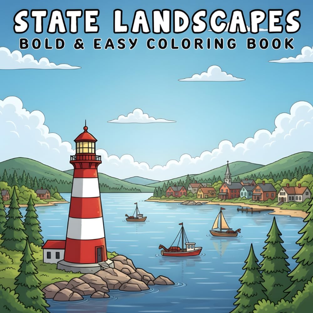 State Landscapes: Bold and Easy Coloring Book for Adults and Teens Featuring Mountains, Beaches, and Iconic Views for Stress Relief