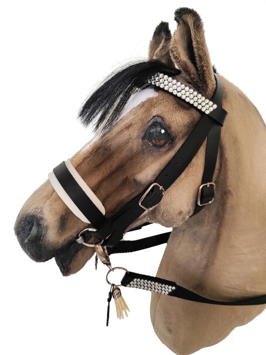 Generisch Hobby Horse Trense, negro con brillantes, acolchado blanco, herrajes de metal plateado, con riendas
