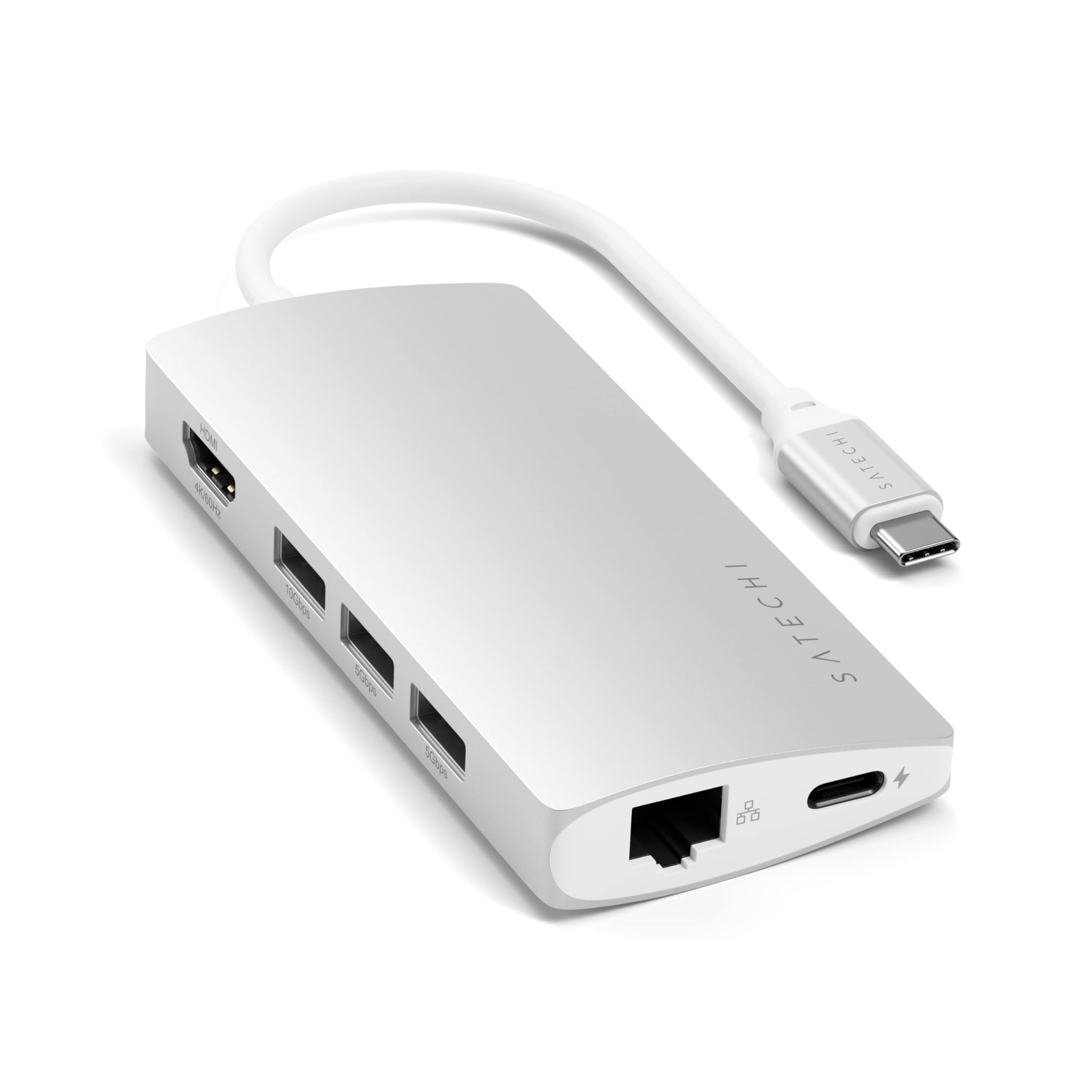 Satechi V2 Multi USB-C Hub 8-in-1 (Silver) 4K HDMI (60Hz), Ethernet, USBC PD Charging, SD Card Reader, 3 USB 3.0 Ports