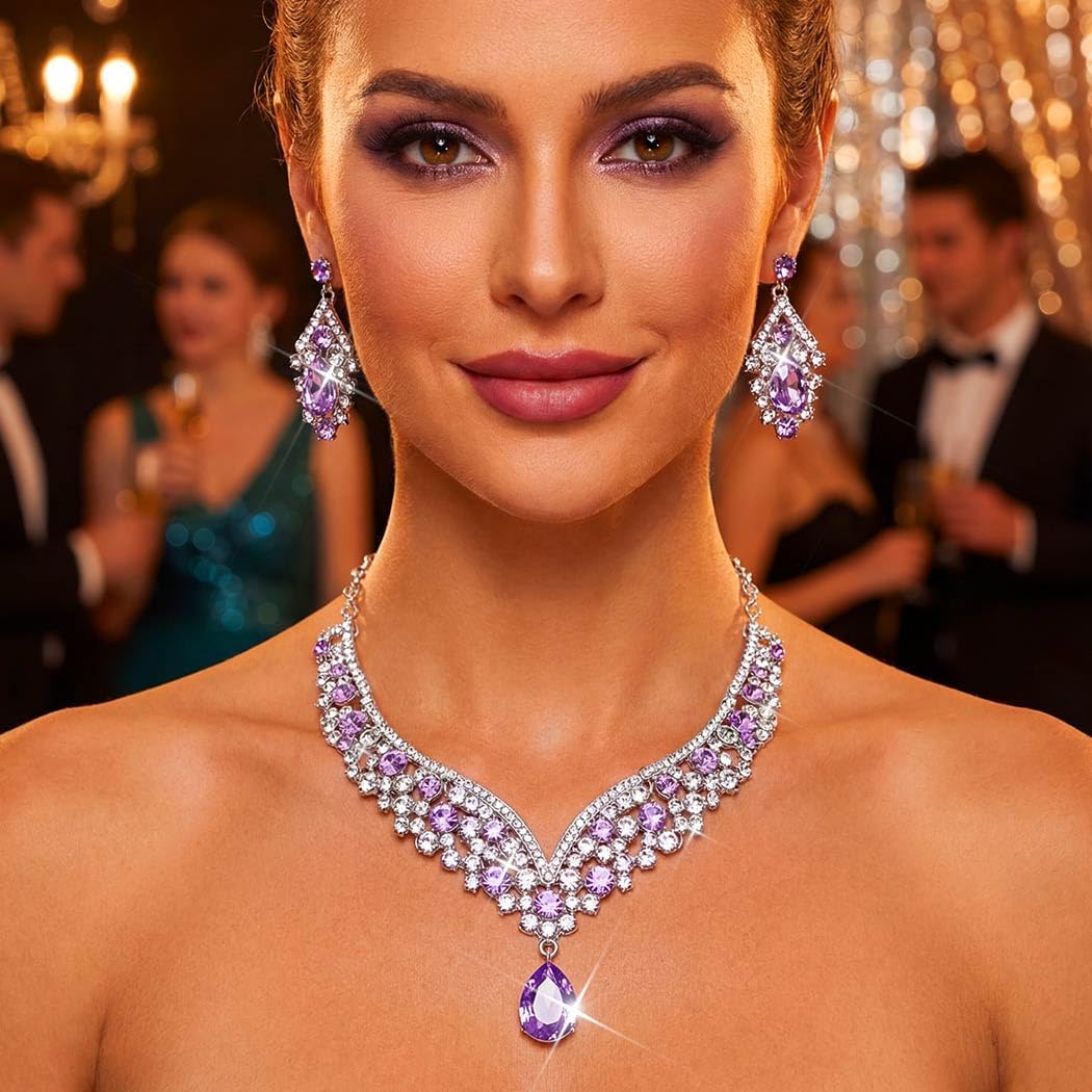 Aukmla Rhinestone Wedding Jewelry Sets Silver Crystal Bridal Necklaces and Earring Set Prom Jewelry for Brides and Women - Image 5