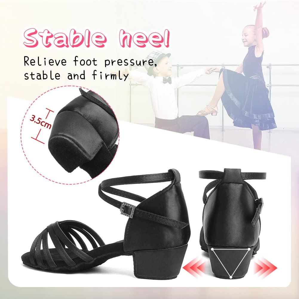 HIPPOSEUS Girls Latin Dance Shoes Low Heel Satin Ballroom Salsa Dance Practice Performance Dancing Shoes,Model 202GB