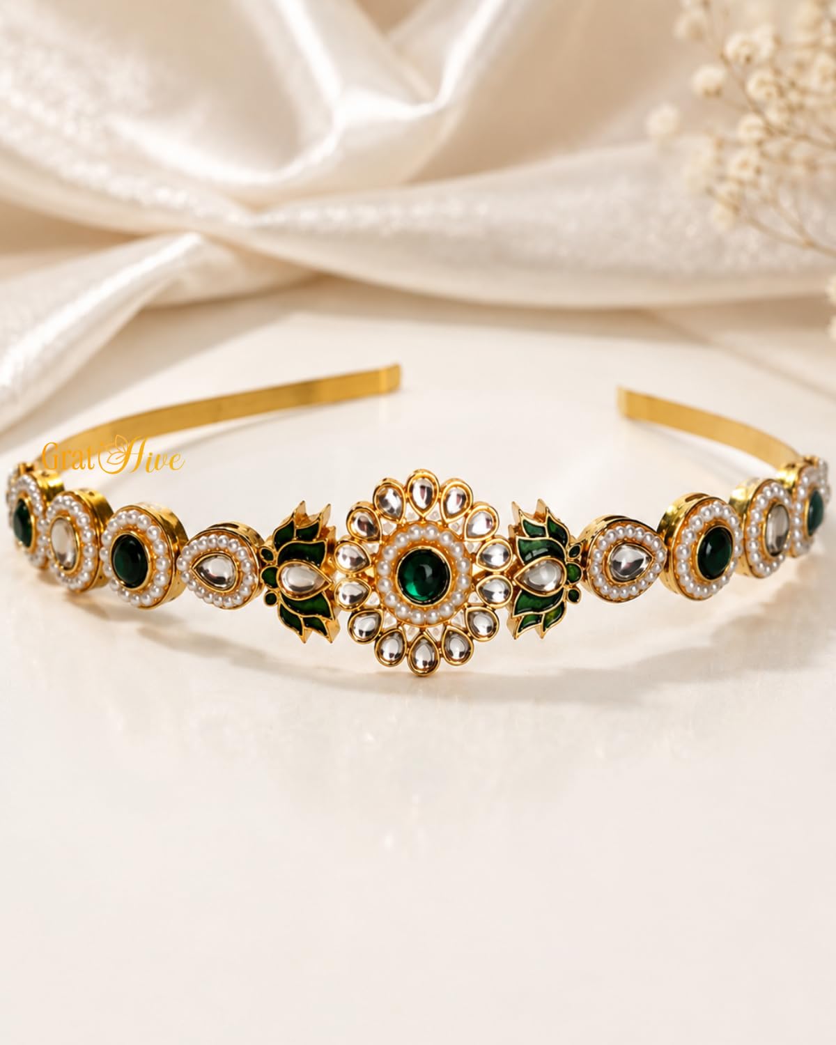 GratiHive Flower Kundan Mathapatti Hairband with Green Lotus Motifs and Pearls | Gold Plated Bridal Headband | Traditional Hair Accessories for Women | Mathapatti Hairband & Sheesh Patti Wedding Hair Accessories (Pack of 1)-image-32