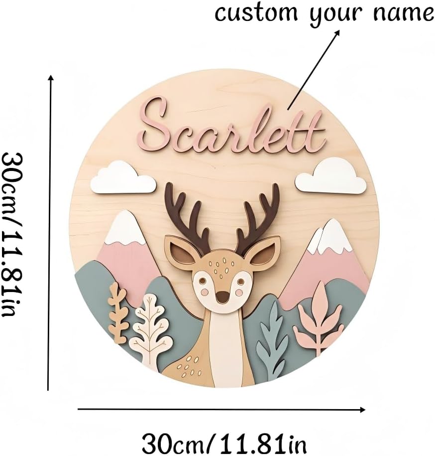 Personalized Wooden Baby Name Sign, Custom Nursery Wall Decor Round Deer Design, 11.8 Inch Kids Room Wall Hanging, Rustic Wood Name Plaque for Newborn Room