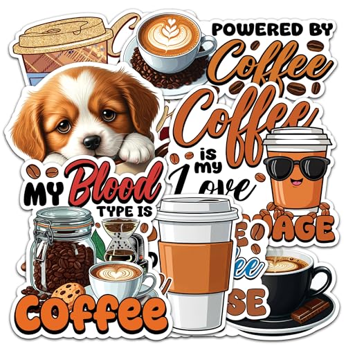 Image of Coffee Sticker 8 Pcs (Large Size) Vinyl Stickers Laptop Waterproof Decal for Car Bumper Water Bottle Notebook Luggage Window Party Birthday Decorations - Size 4 Inches