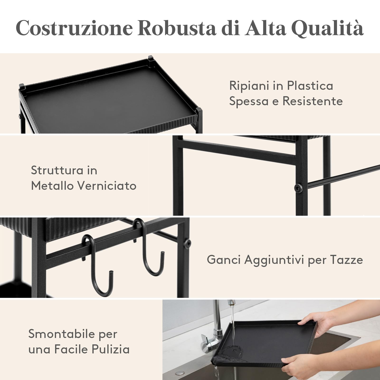 Lifewit Organizer per Caffè, 2 Livelli Portatazze da Banco, Espositore a Scaffale con 4 Ganci, Contenitore per Accessori da Caffè per la Cucina di Casa, Nero