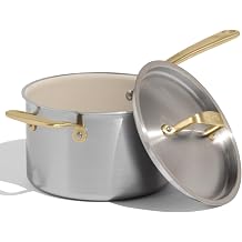 Made In Cookware - 4 QT CeramiClad Non Stick Saucepan with Lid Antique Brass Handle - 5-Ply Stainless Clad with Stay-Cool Handle - Professional Cookware - Crafted in Italy - Induction Compatible