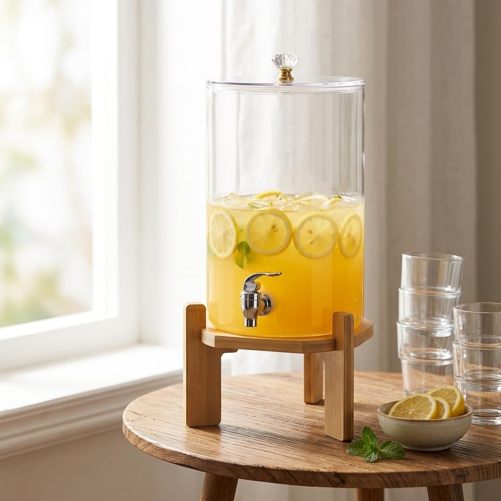 Dispensador Bebidas Vidrio Estilo, 4.5L + grifo + base bambú