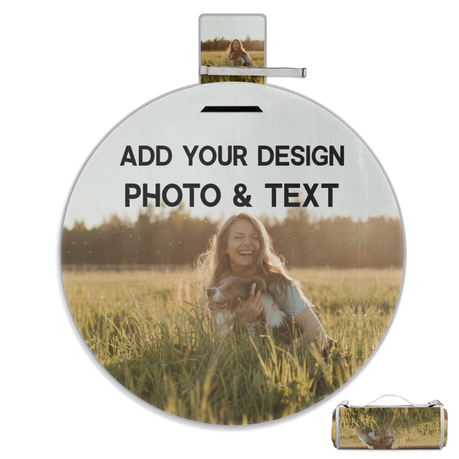 Custom Picnic Blanket Add Your Own Design Photo Text Logo Personalised Beach Mat with Carry Strap Foldable Washable Picnic Camping Blankets Customised Waterproof Outdoor Rug, Round, 148x148cm