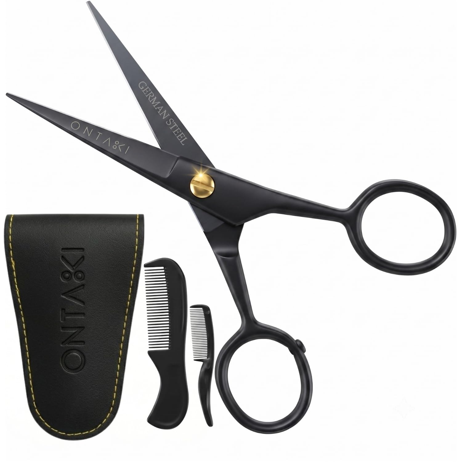 Ontaki 5" Beard &amp; Mustache Scissors for Men with Combs - Black German Steel