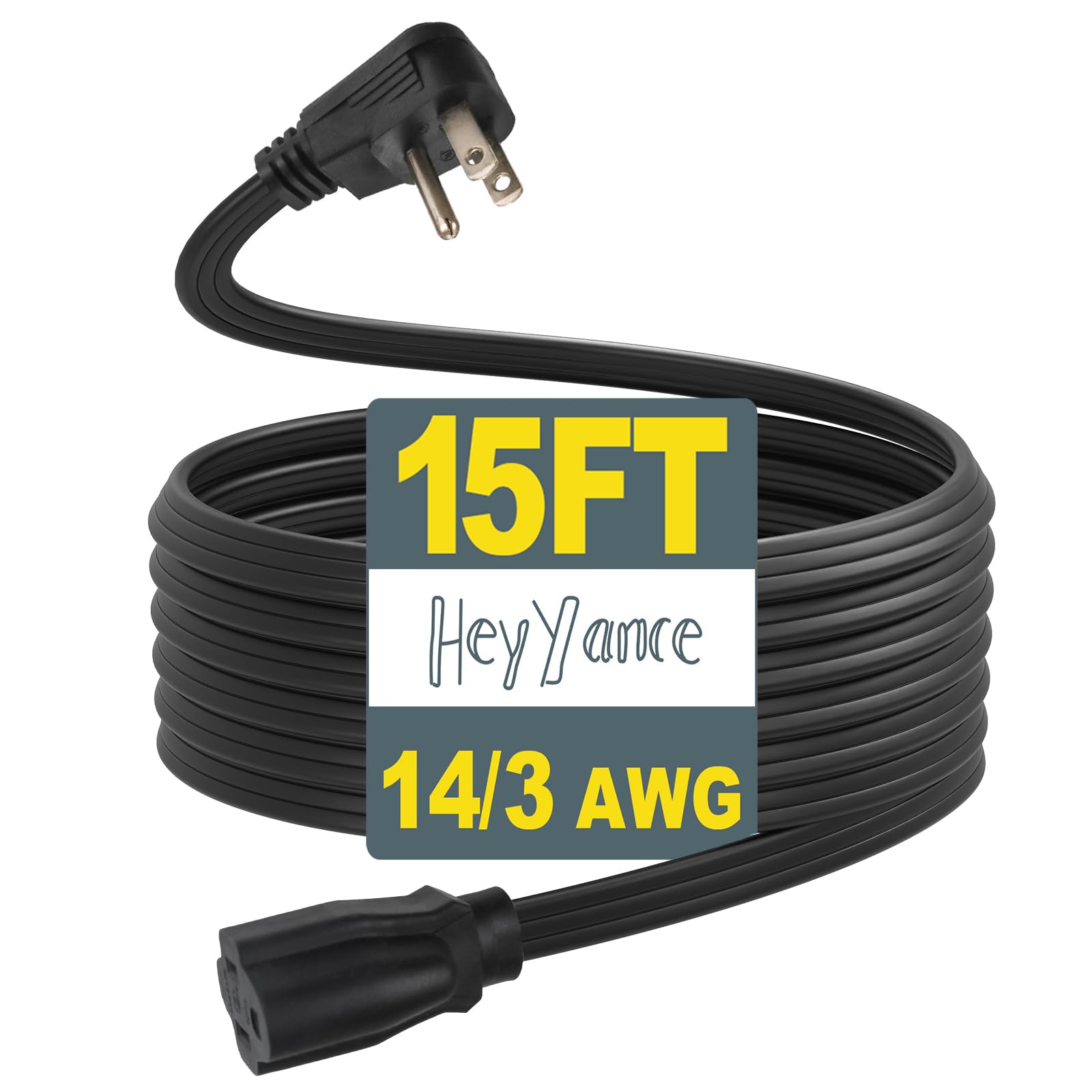 HeyYance 14 Gauge Heavy Duty Appliance Extension Cord - 15 FT SPT-3 Flat Plug 3 Prong Grounded Power Cable for Air Conditioners, Refrigerators,