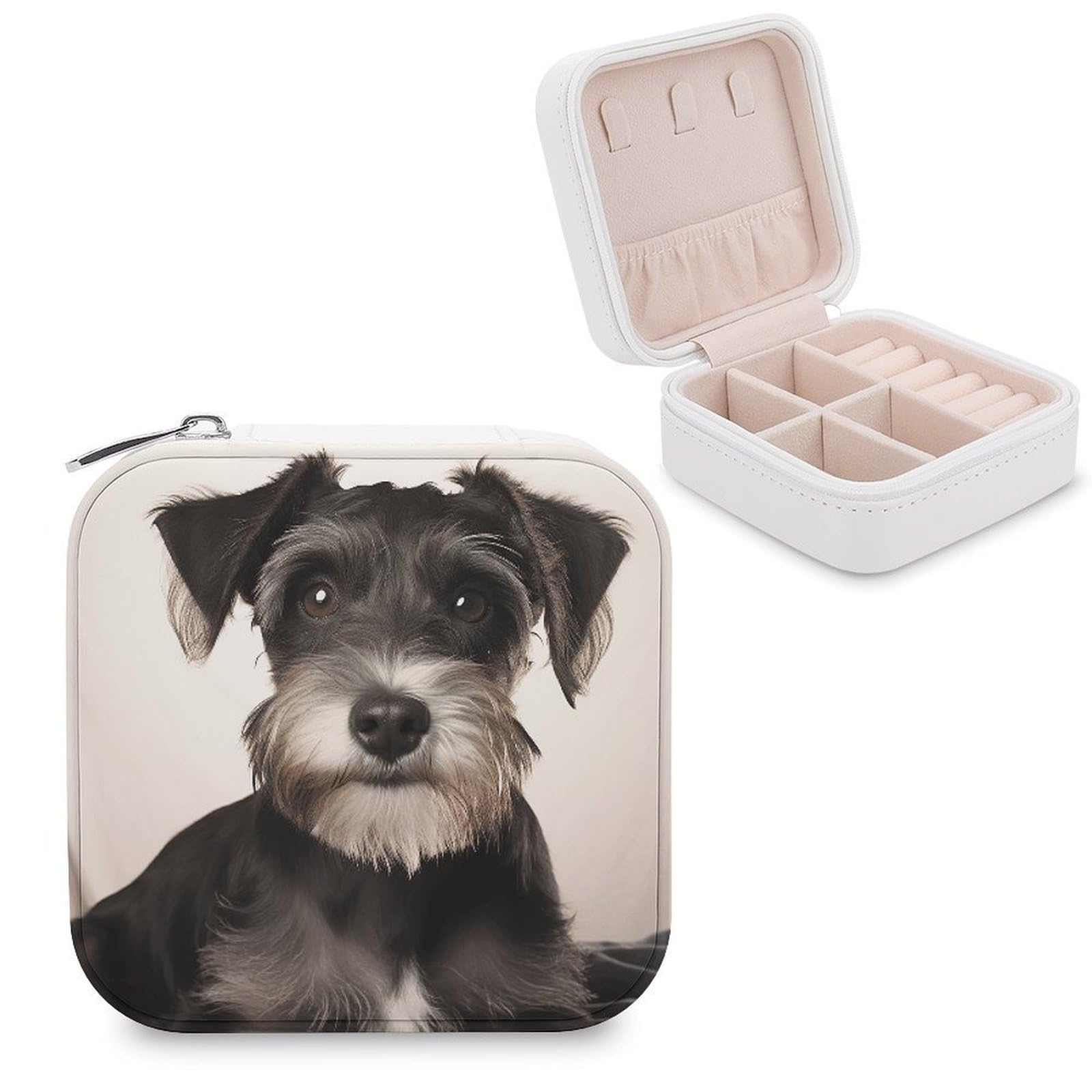 VstaDank Cute Schnauzer Travel Jewelry Case Zipper Portable Small Jewelry Box Custom Pu Leather Mini Traveling Jewelry Organizer for Rings Earrings Necklace Bracelet Girls Women