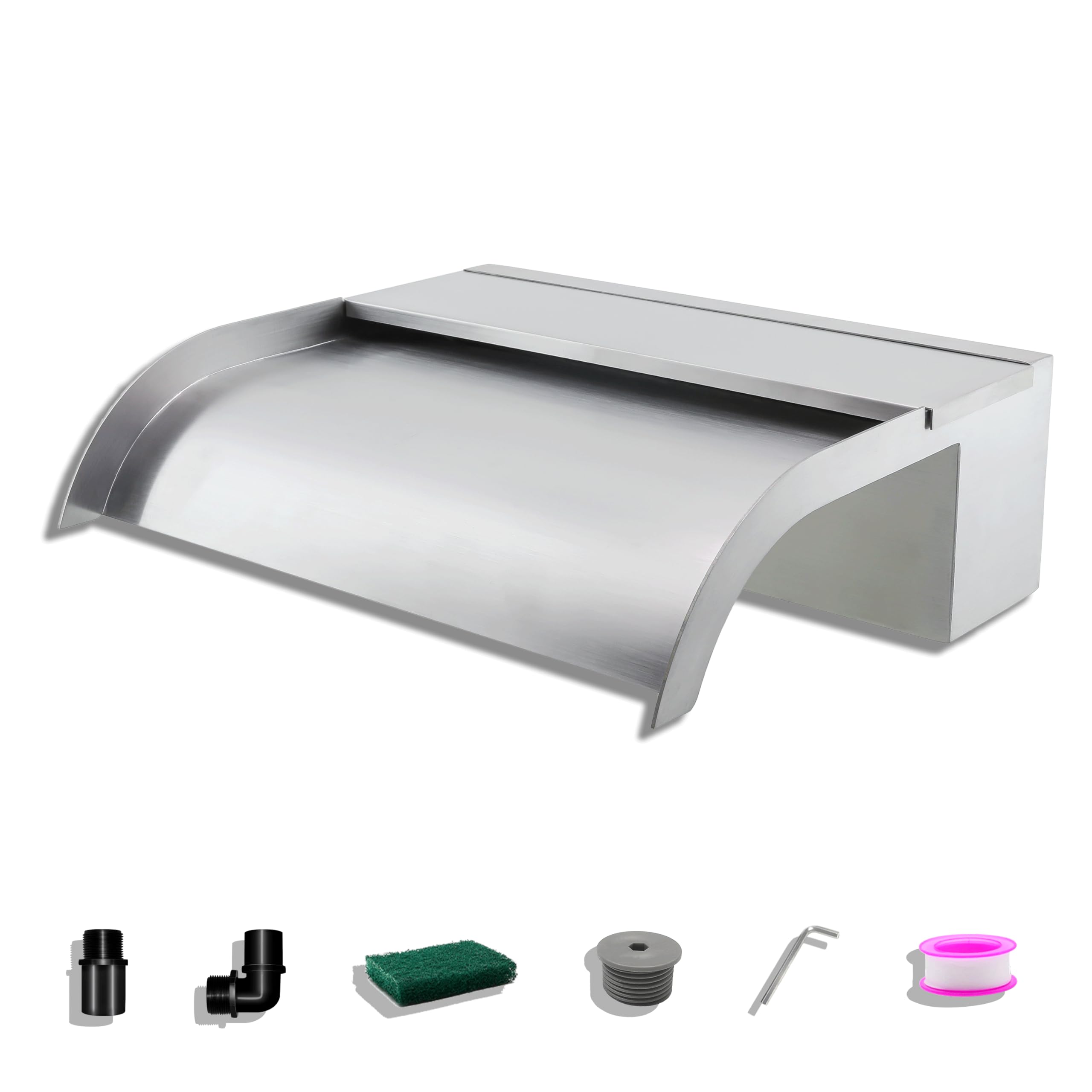 Pond Waterfall Blade Kit, 30cm Stainless Steel Pool Fountain with Accessories, Width 18cm Curved Outlet Spillway for Garden Patio Pond Decoration