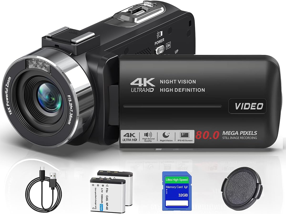 4K Camcorder Video Camera HD 80MP IR Night Vision Vlogging Camera for YouTube 18X Digital Zoom Camera Autofocus 3.0" 270°Rotation IPS Screen Video Recorder with 32GB SD Card, Lens Cap and 2 Batteries