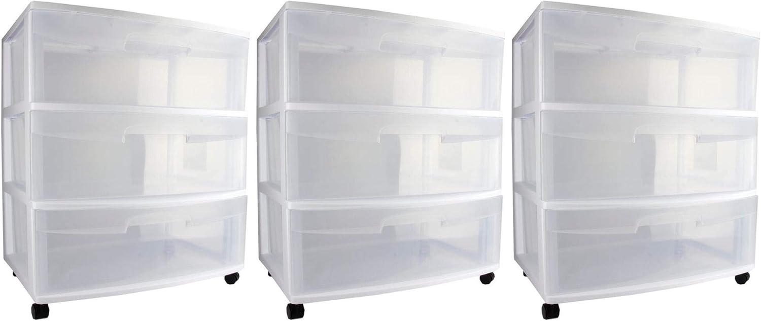 Sterilite Wide 3 Drawer Storage Cart, Plastic Rolling Cart with Wheels to Organize Clothes in Bedroom, Closet, White with Clear Drawers, 3-Pack