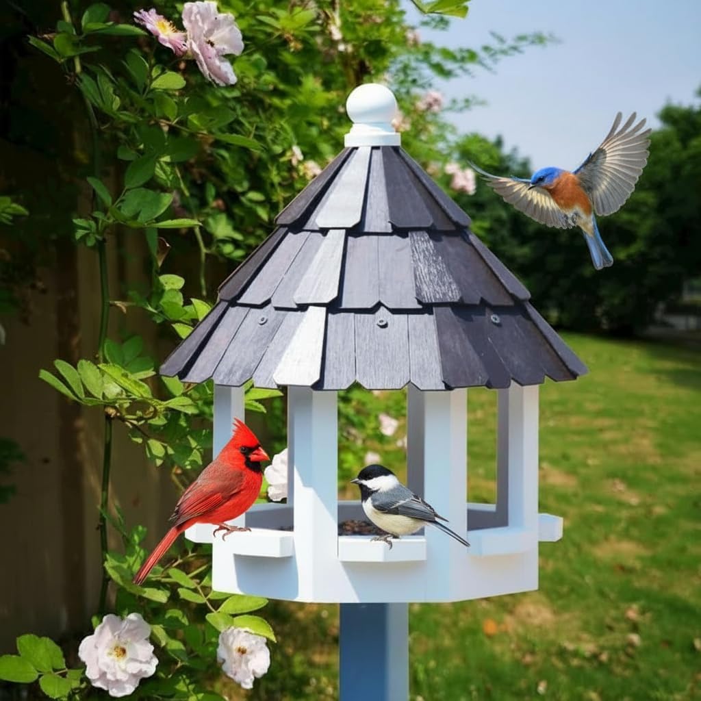 2026 XL Gazebo Bird Feeder for Outside Post, Water Proof Shingle Thick Metal Roof Bird House Birdfeeder for Post Mount, Flythrough Style Black 10 Lbs Capacity 15" x 15" x22" Without Post