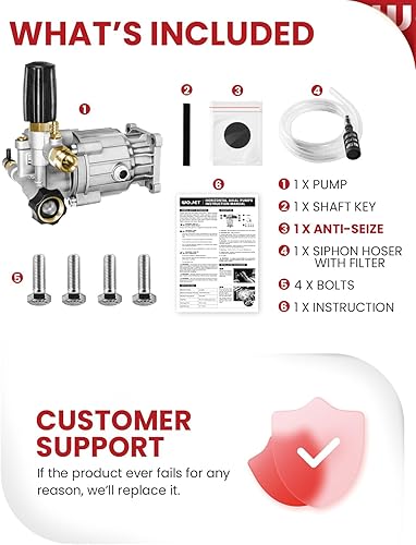 Miniatura 8 de WOJET Bomba de lavado a presión, eje de 34 pulgadas, 3400 PSI 2.5 GPM, bomba de lavado horizontal con antiagarre, autocebante, kit de bomba de