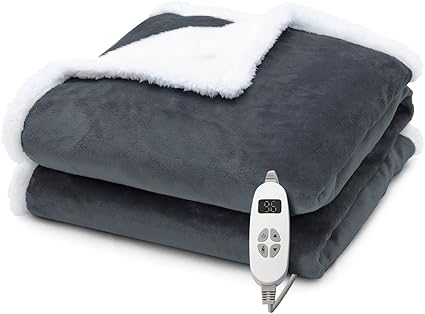 Review PETSITE Electric Heated Blanket Throw, 60″ x 50″ Reversible Flannel & Sherpa Blanket w/10 Heat Settings & 9 H Auto Shut-Off, Overheat-Protection, Machine Washable