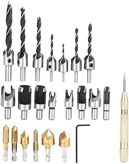 23Pcs Woodworking Chamfer Drilling Tool, 6pcs 1/4in Countersink Drill Bits, 7pcs Countersink Drill Bit with Key Wrench, 8PCS Wood Plug Cutter Drill Bit and Drill Pen