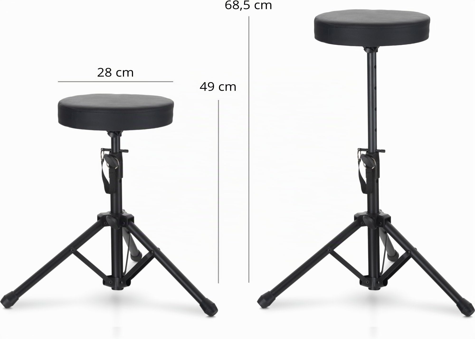 McGrey Taburete KD-10 Plegable y Ligero para batería, Ajustable en Altura, Compacto para Transporte, Asiento Redondo Acolchado y Estructura Estable de Tubo de Acero Negro.