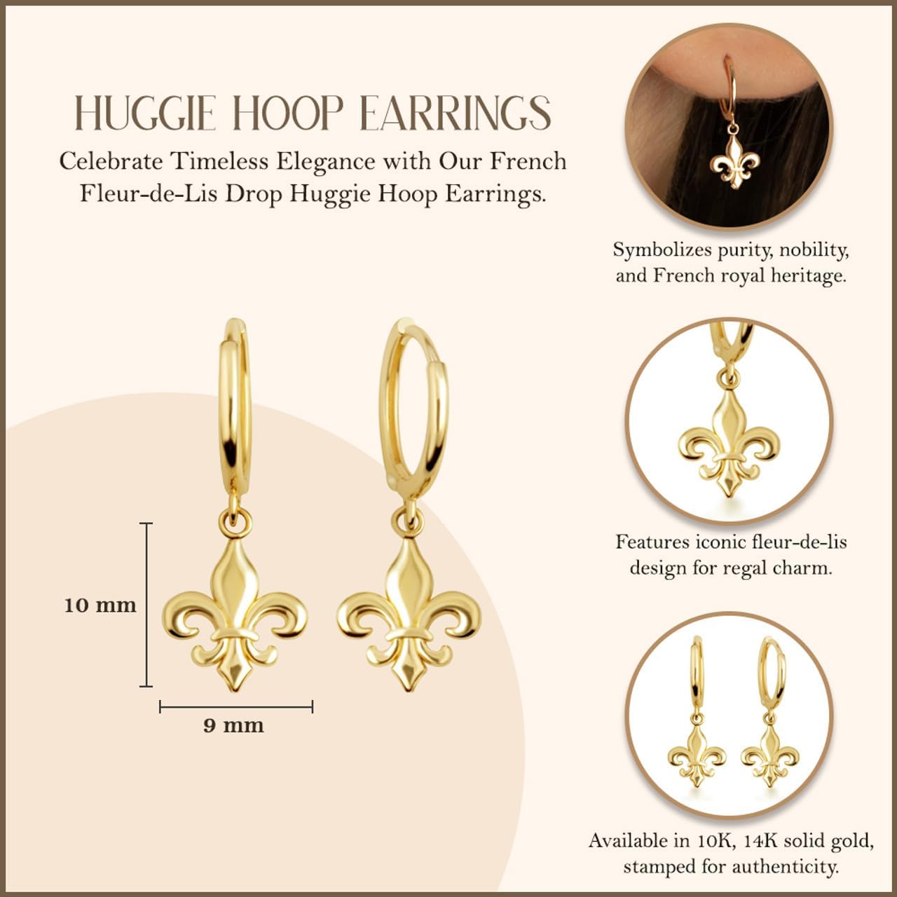 Exquisite 10K or 14K Yellow Gold French Fleur-de-Lis Huggie Hoop Earrings for Women