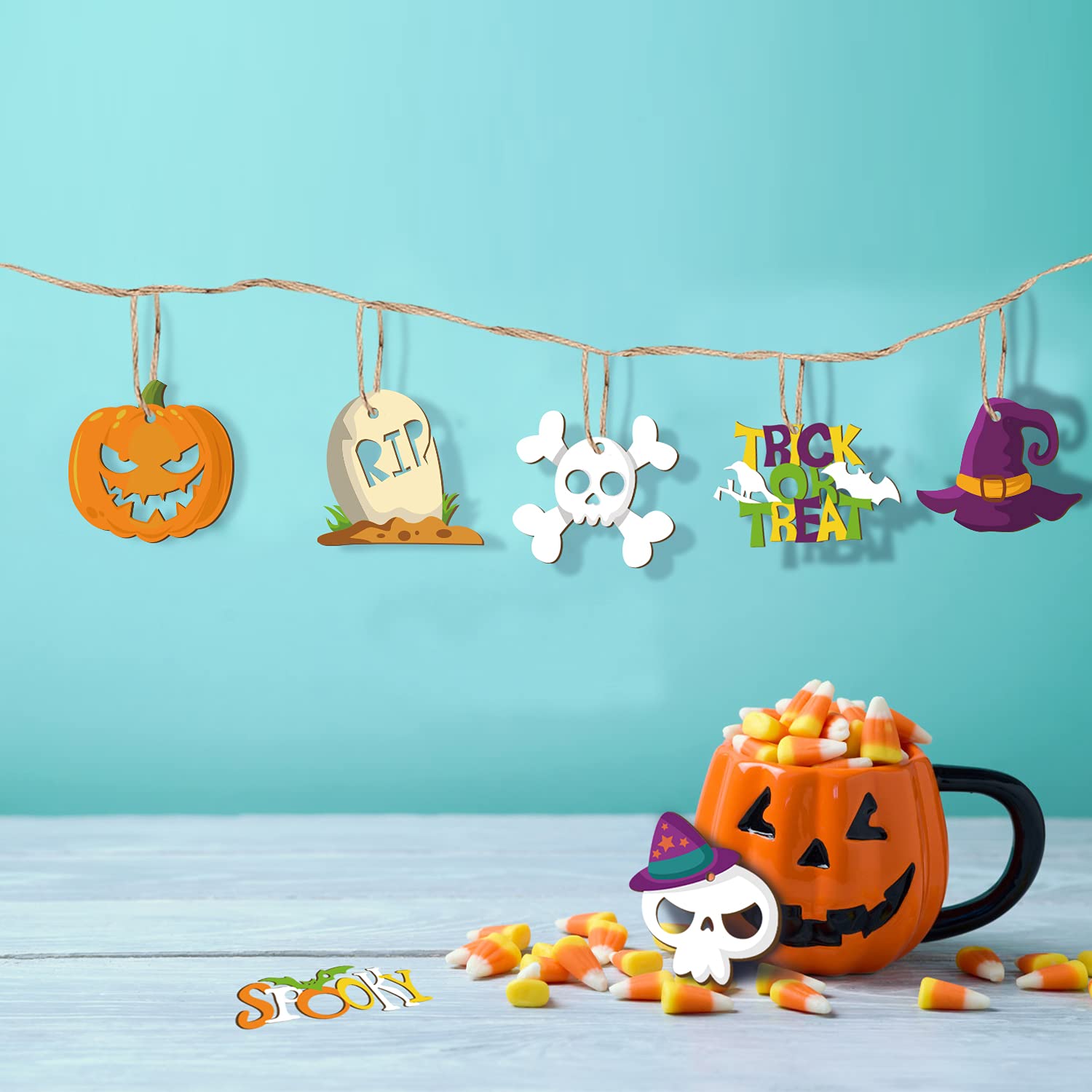 Seasboes Lot De 60 Kits Bricolage Bois Halloween - 24 Pendentifs Non Traités, 12 Stylos Aquarelle & Corde Chanvre - Décorations Automne Enfants