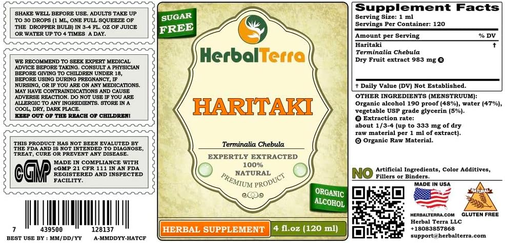 Haritaki, Giant Crepe-Myrtle (Terminalia Chebula) Dried Fruit Liquid Extract (Brand Name: HerbalTerra, Proudly Made in USA) 2x4 oz