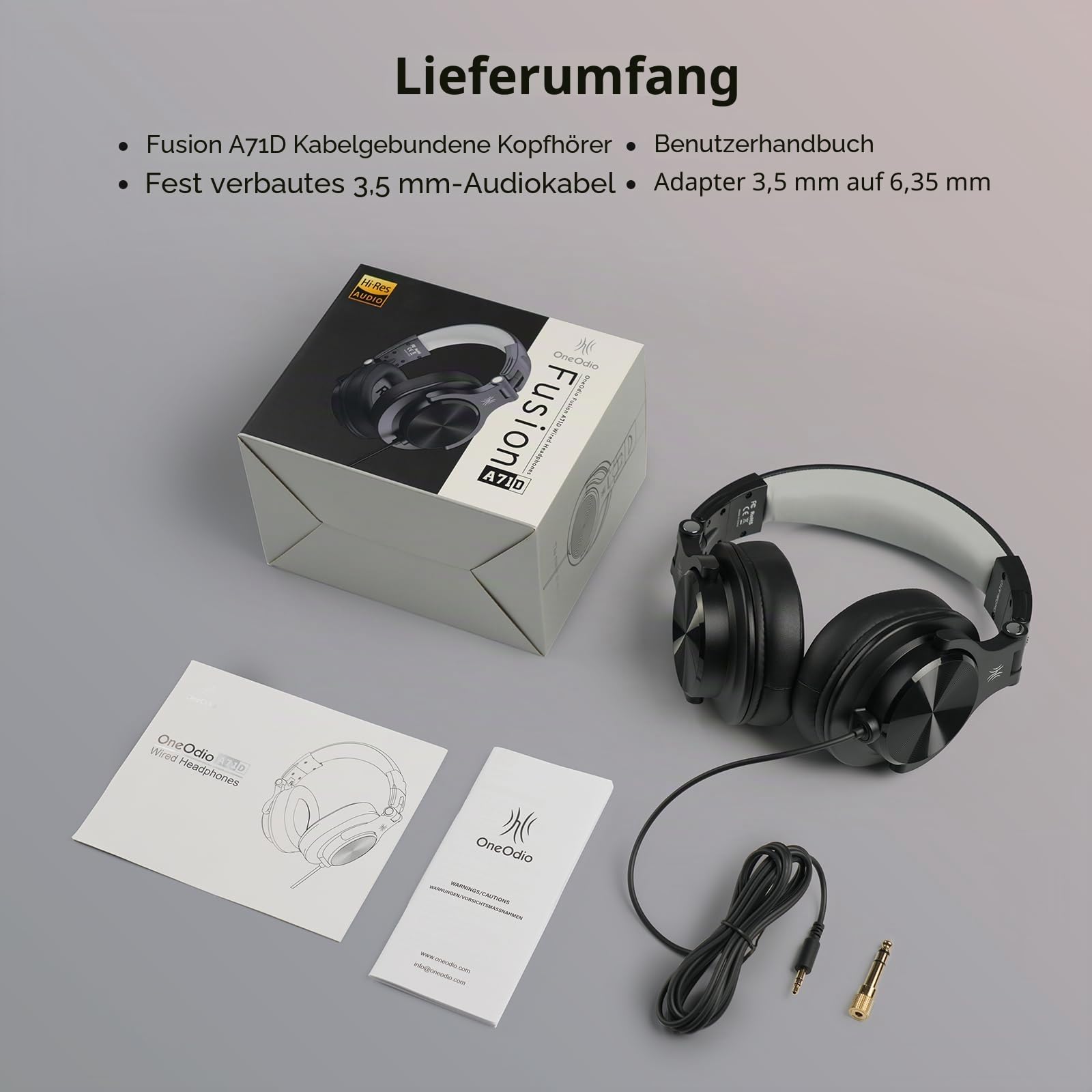OneOdio A71D Over-Ear Kopfhörer, Studio Monitor Kopfhörer mit Kabel, Hi-Res Audio, faltbares Design für DJ, Aufnahme, Podcast, Mixing, Verstärker, PC, Gitarre – inkl. 3,5mm & 6,35mm Klinkenstecker