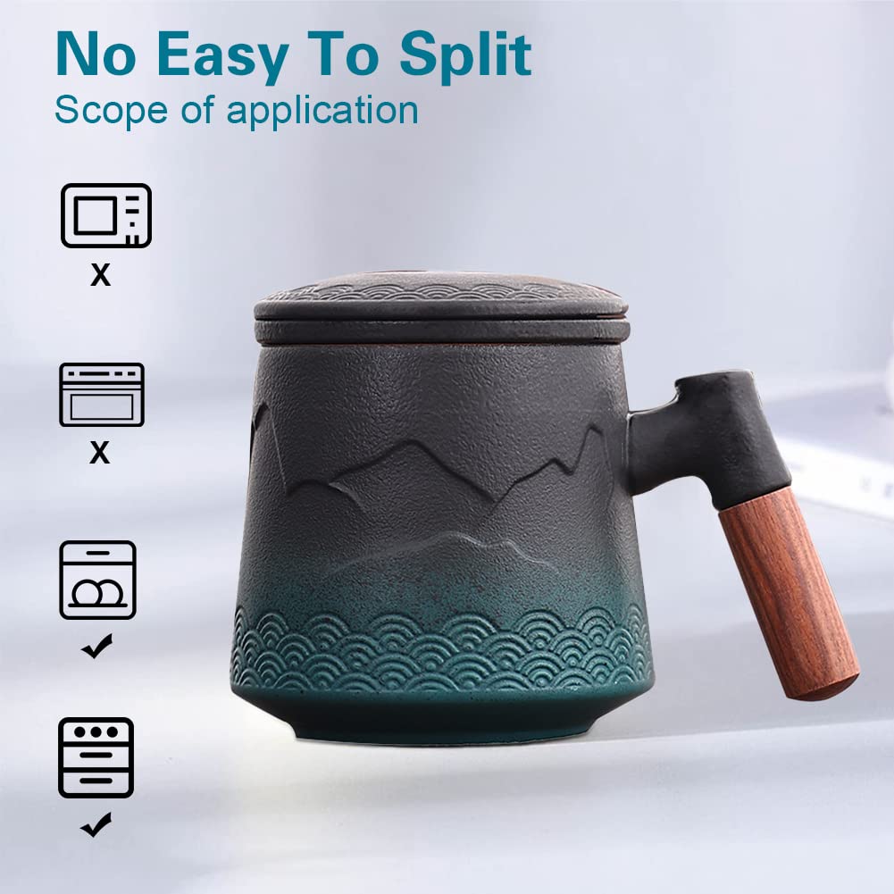 JanYoo Tazza da tè con coperchio e colino, 360 ml, manico in palissandro, tazza da tè in ceramica, opaca in gres porcellanato smaltato per immergere il tè, nero