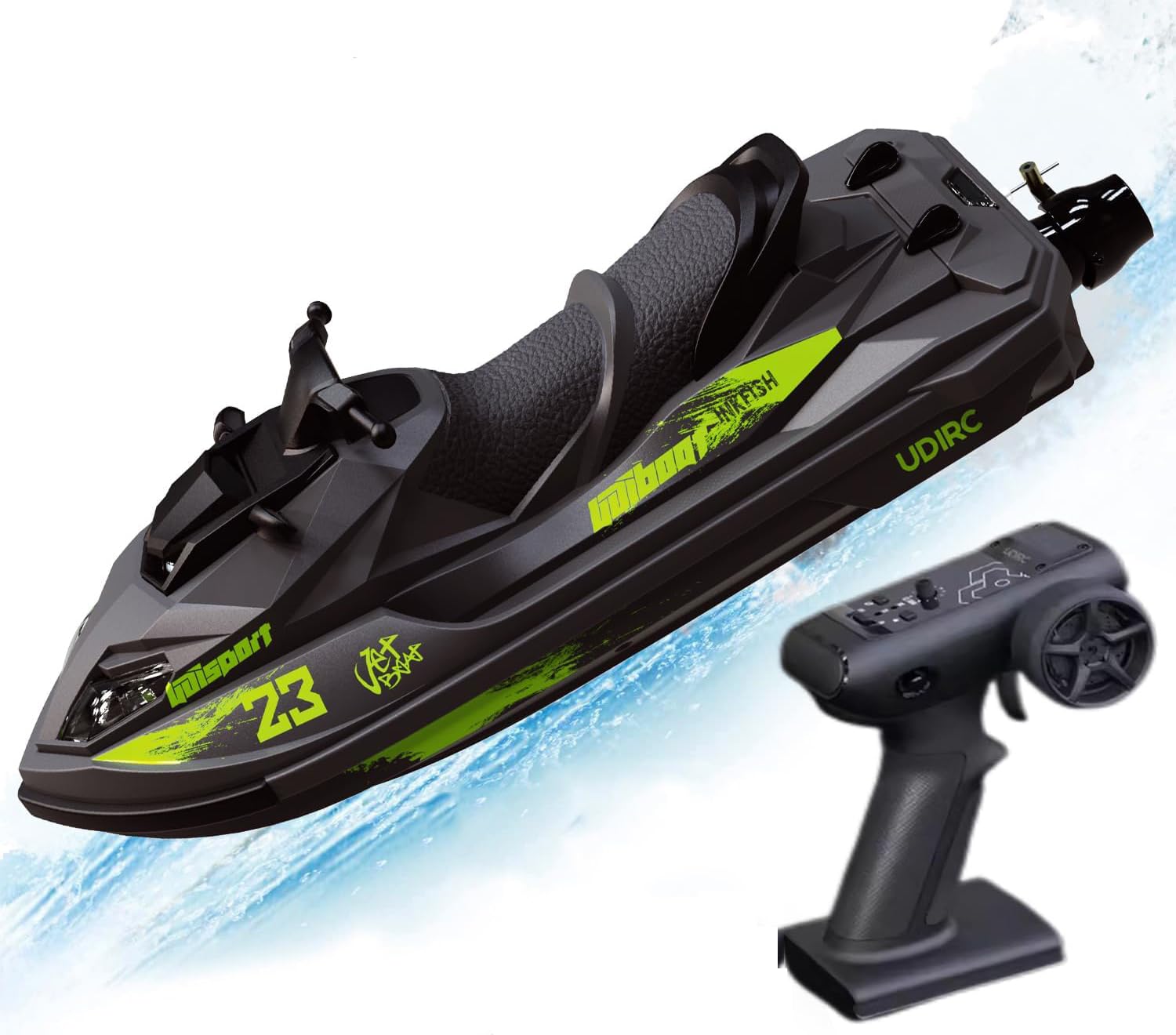Mando a distancia modelo de lancha grande de 33 cm (33 cm) RC Jet Kayak, luces delanteras y traseras a una velocidad de 20 km/h, adecuado para piscinas de lago (verde) batería dual